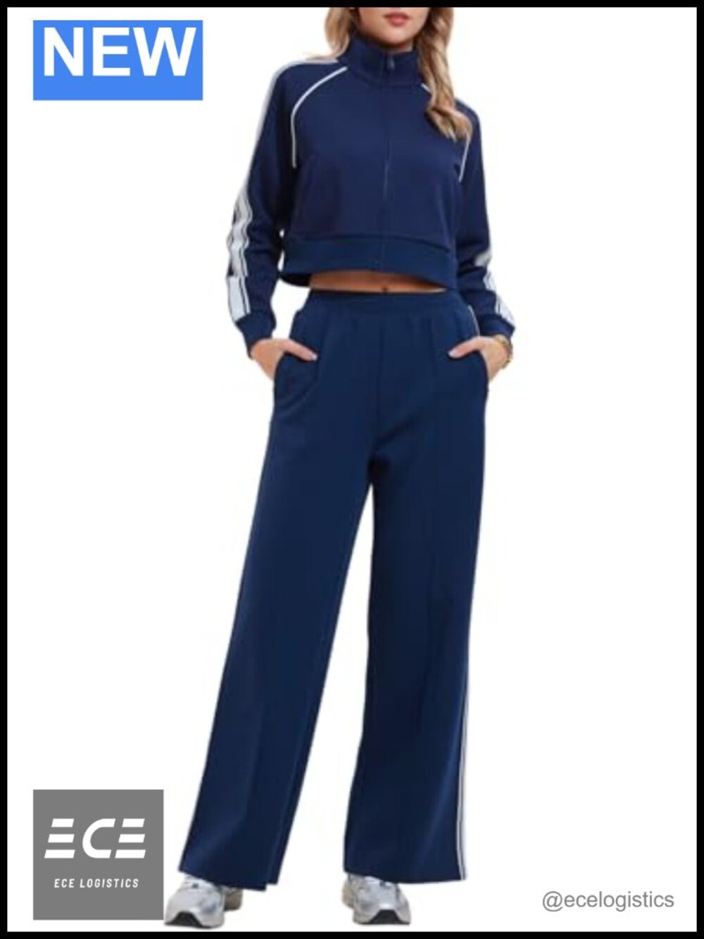 2 Piece Sweatsuit Set Cotton Blend Cropped Zip Jacket Wide Leg Pants Travel